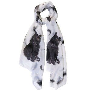 Cat and Feathers Print Long Scarf White and Black